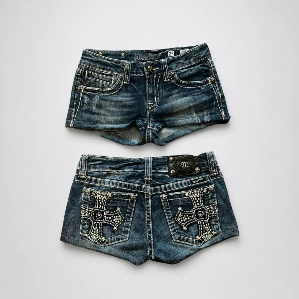 Vintage Collectible Buttons - Shorts in Denim Lavato Blu con